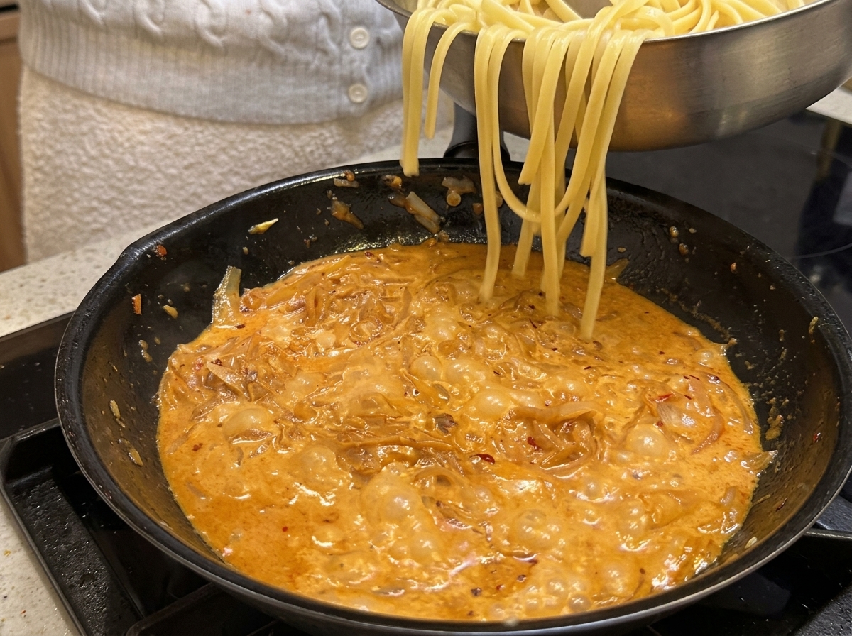 Pasta cotta aggiunta in padella con la salsa cremosa e mescolata fino a essere ben ricoperta.