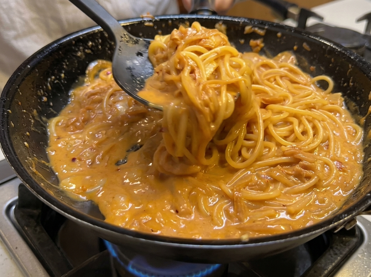 Pancetta croccante aggiunta in padella con la pasta cremosa per completare il piatto.