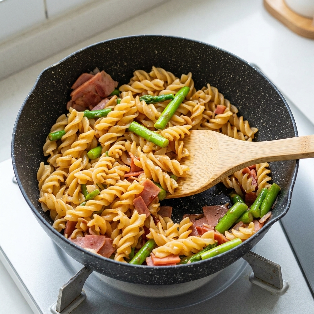 Una spatola di legno mescola pasta, pancetta e asparagi in padella per ricoprire tutto con la salsa.