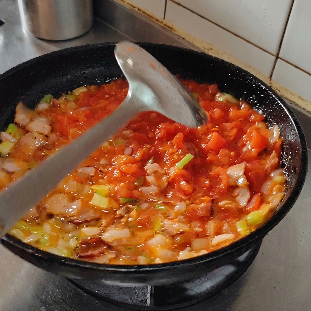 Pepe nero macinato aggiunto al sugo di pomodoro che sobbolle.