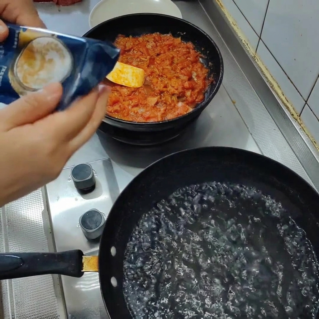 Spaghetti che si cuociono in una pentola di acqua bollente salata.