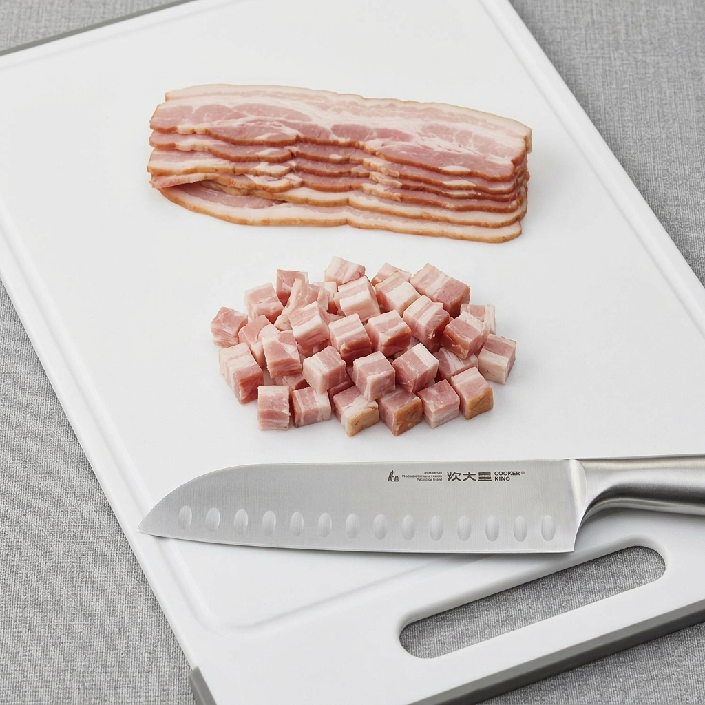 Fette di pancetta tagliate a cubetti uniformi su un tagliere accanto a un coltello da chef.