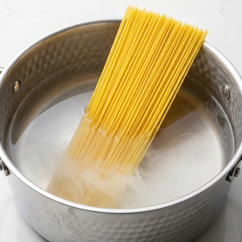 Spaghetti immersi in una pentola capiente di acqua bollente.