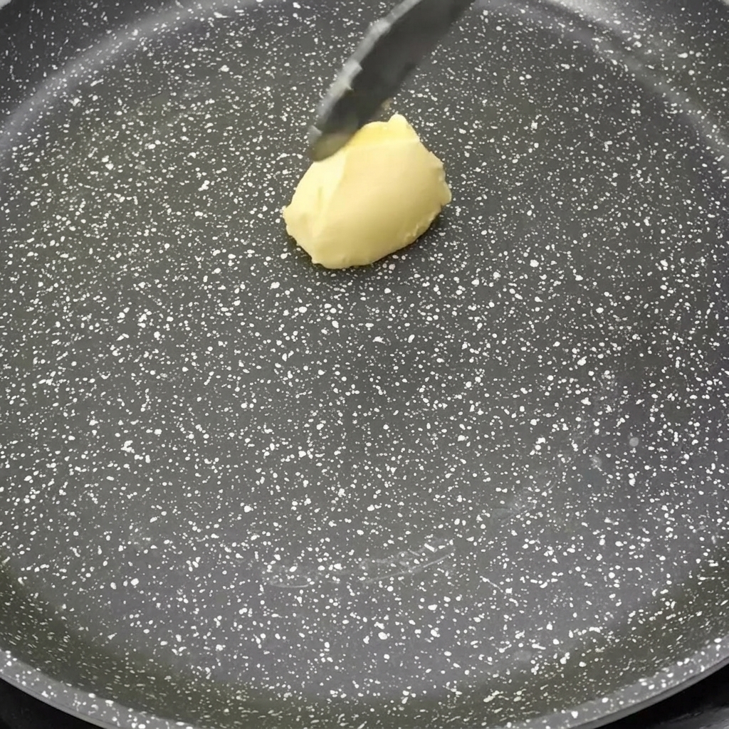 Una noce di burro che si scioglie in una padella calda.