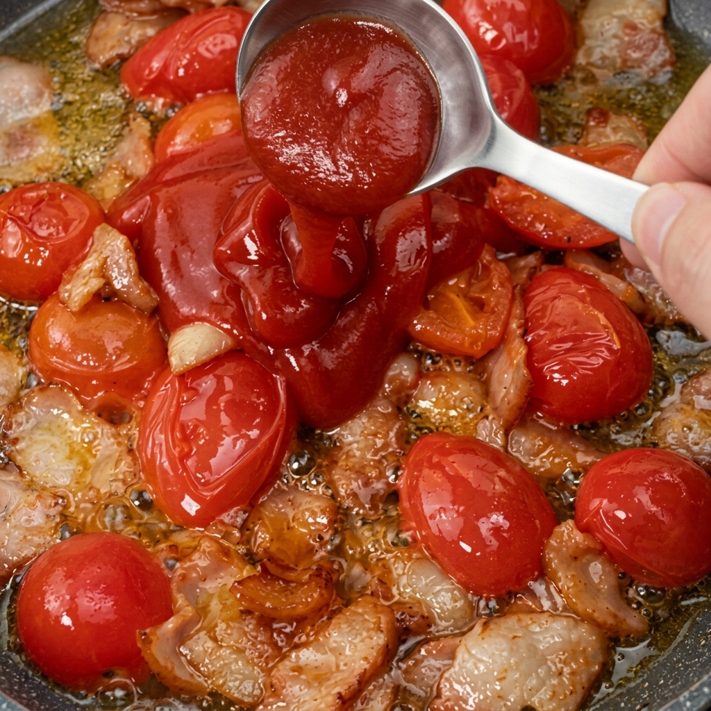 Sugo di pomodoro rosso vivo versato in padella con pancetta e pomodorini.