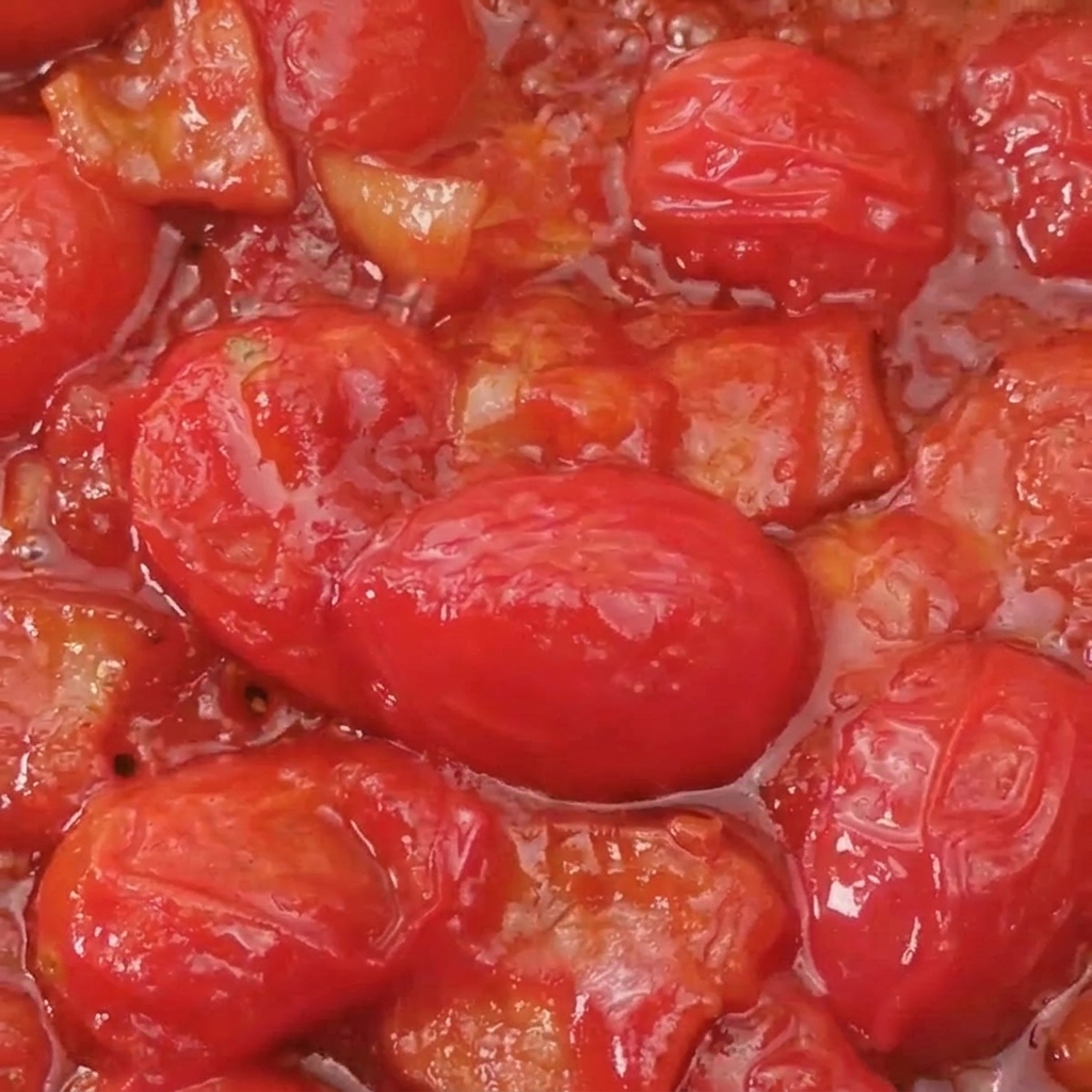 Spaghetti pronti versati nella padella con il sugo di pomodoro e pancetta.