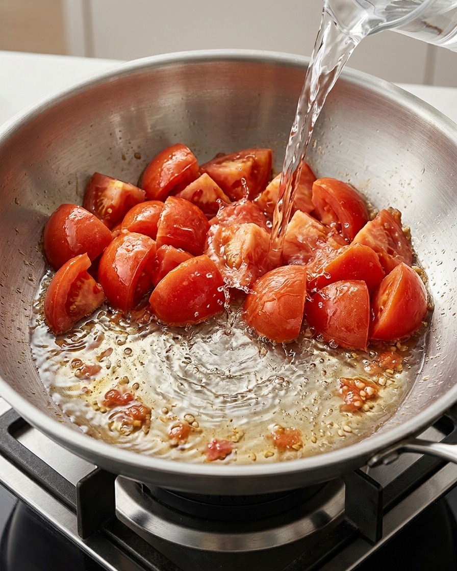 Acqua versata in padella sui pomodori.