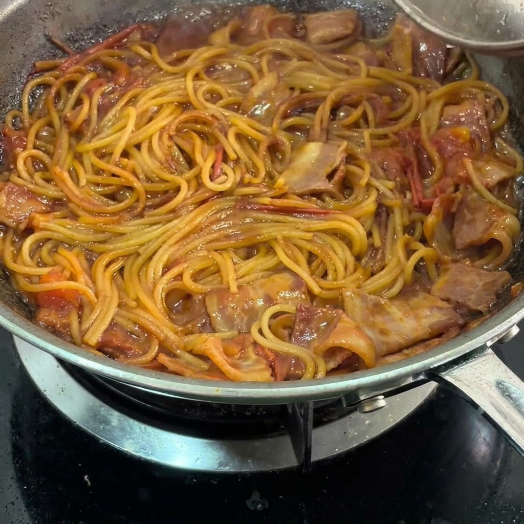Spaghetti finiti con pomodoro e pancetta mescolati in padella.