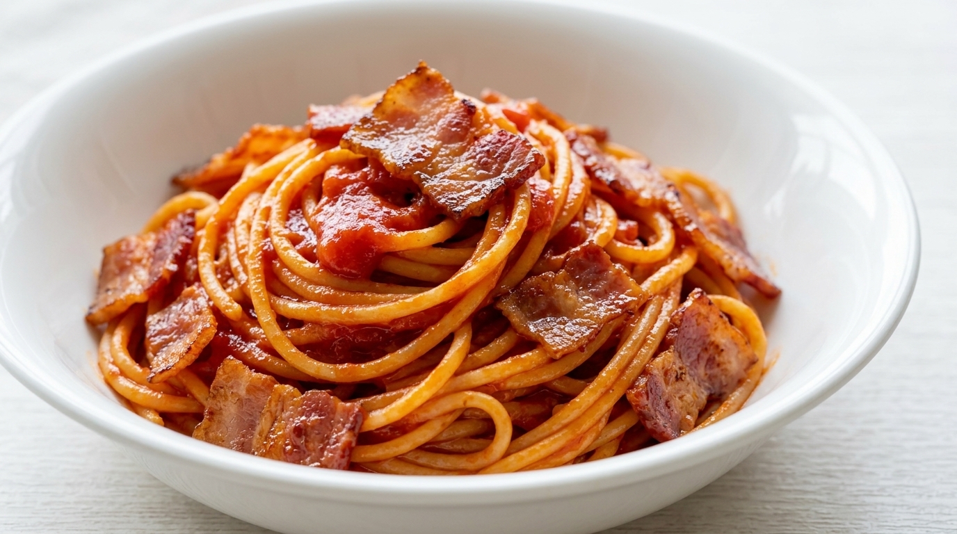 Spaghetti in Padella con Pomodoro e Pancetta
