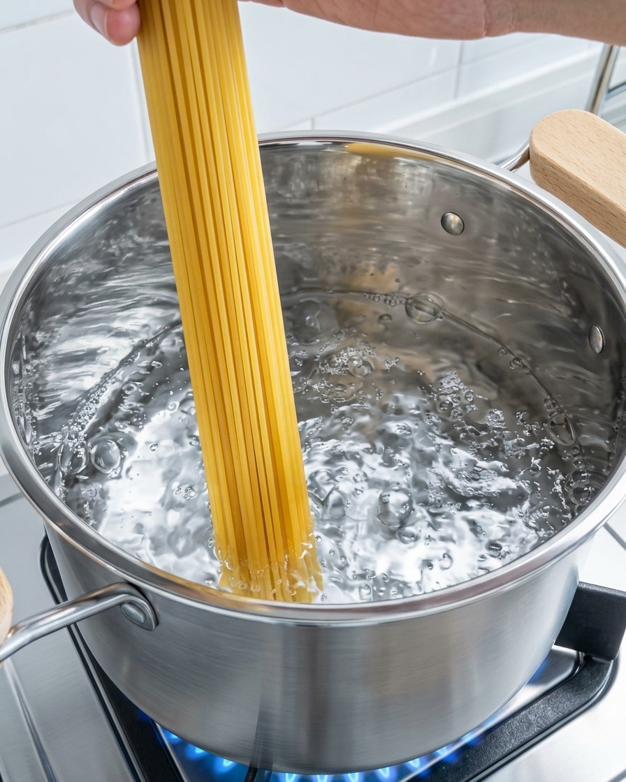 Spaghetti che cuociono in una pentola capiente di acqua bollente.