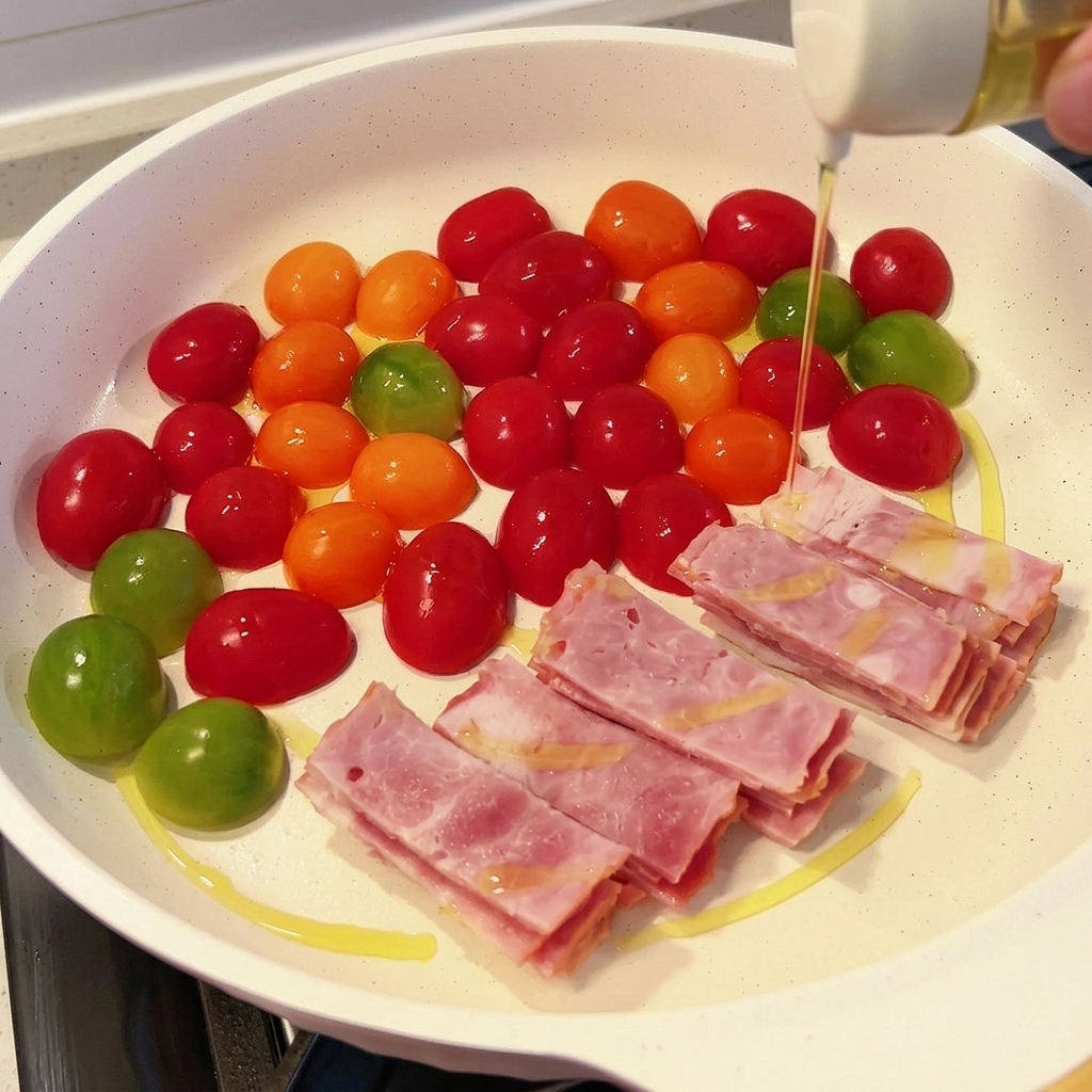 Olio doliva versato sui pomodori e sulla pancetta nella padella.