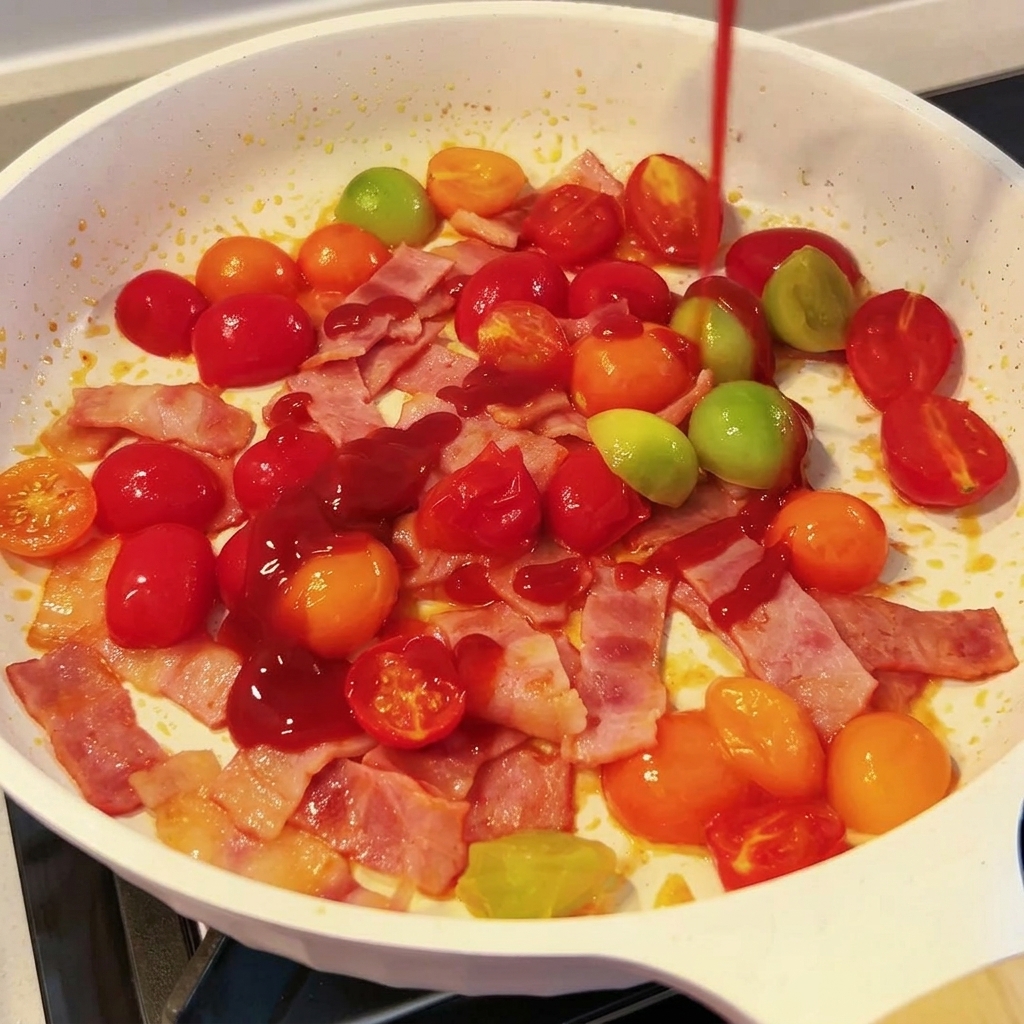 Salsa di pomodoro versata nella padella con gli altri ingredienti.