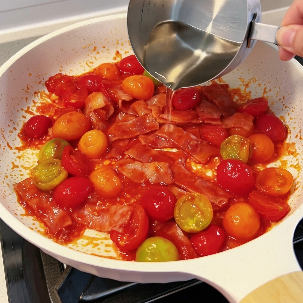 Acqua versata nella padella per amalgamare gli ingredienti del sugo.