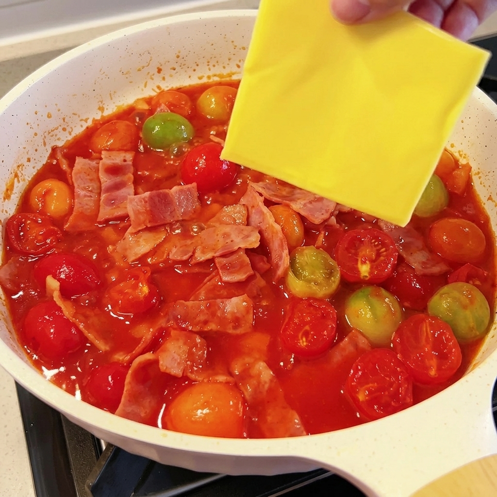Una fetta di formaggio che si scioglie nel sugo al pomodoro con la pancetta in una padella bianca.