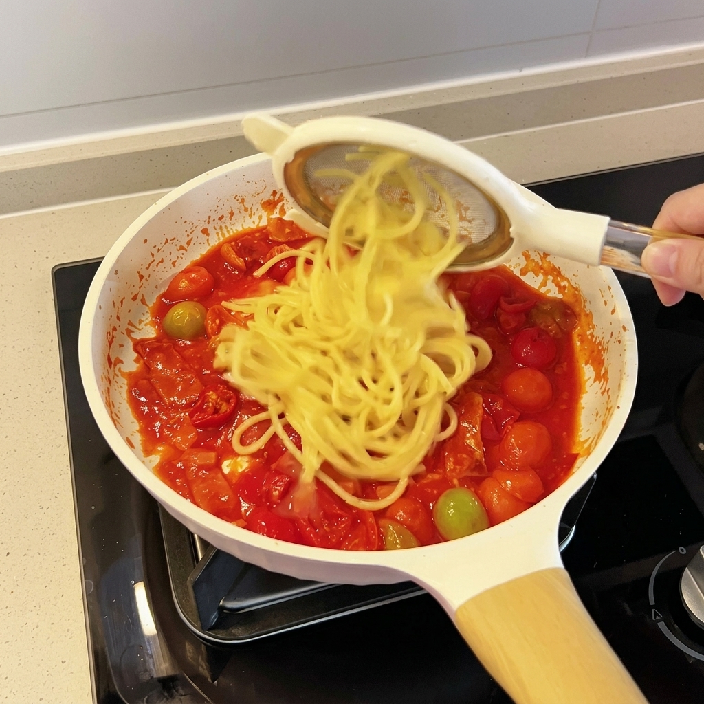Spaghetti aggiunti in padella con il sugo rosso al pomodoro, pancetta e formaggio fuso.