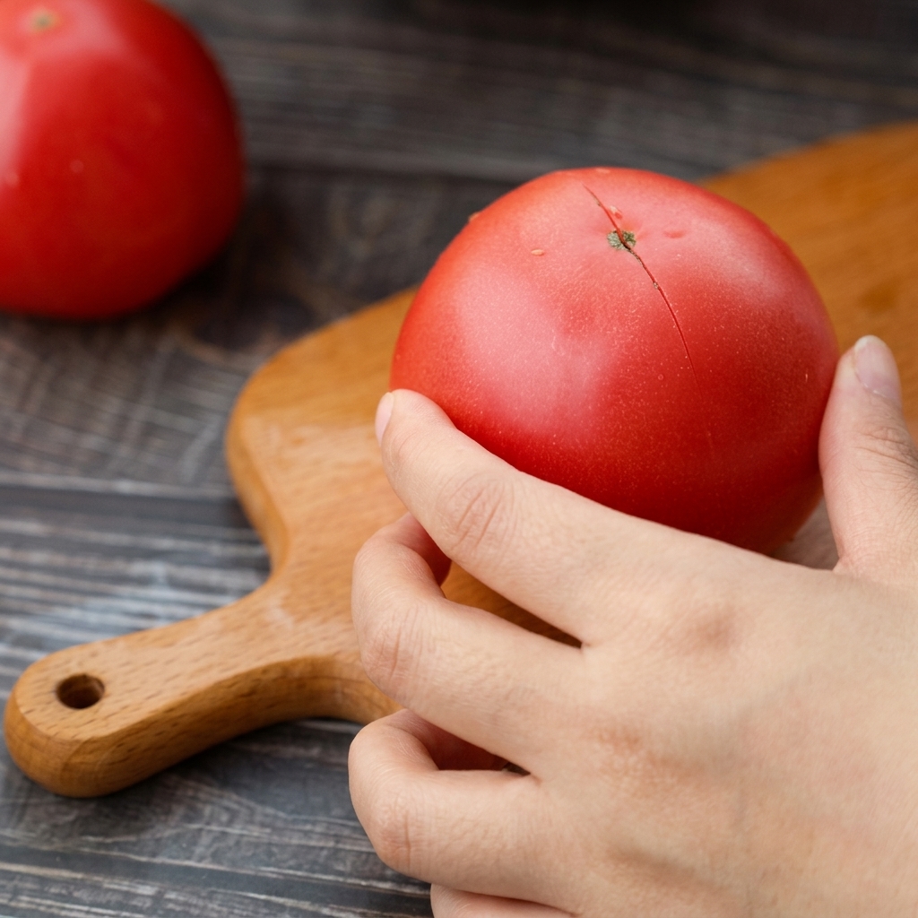 Primo piano di un pomodoro rosso intero con una croce incisa sulla buccia.