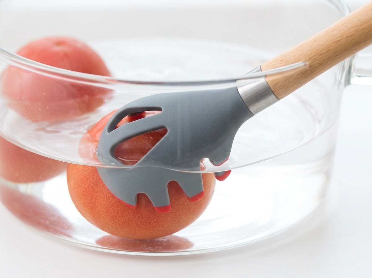 Pomodori incisi immersi in un pentolino di acqua bollente.
