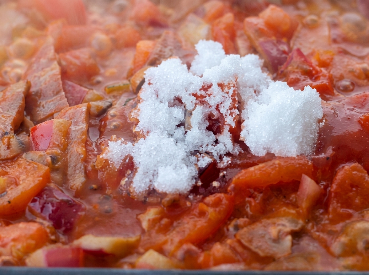 Cucchiaio di zucchero aggiunto al sugo di pomodoro in cottura.