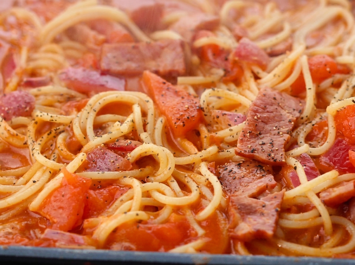 Spaghetti finiti che vengono saltati in padella con il sugo e pepe nero.
