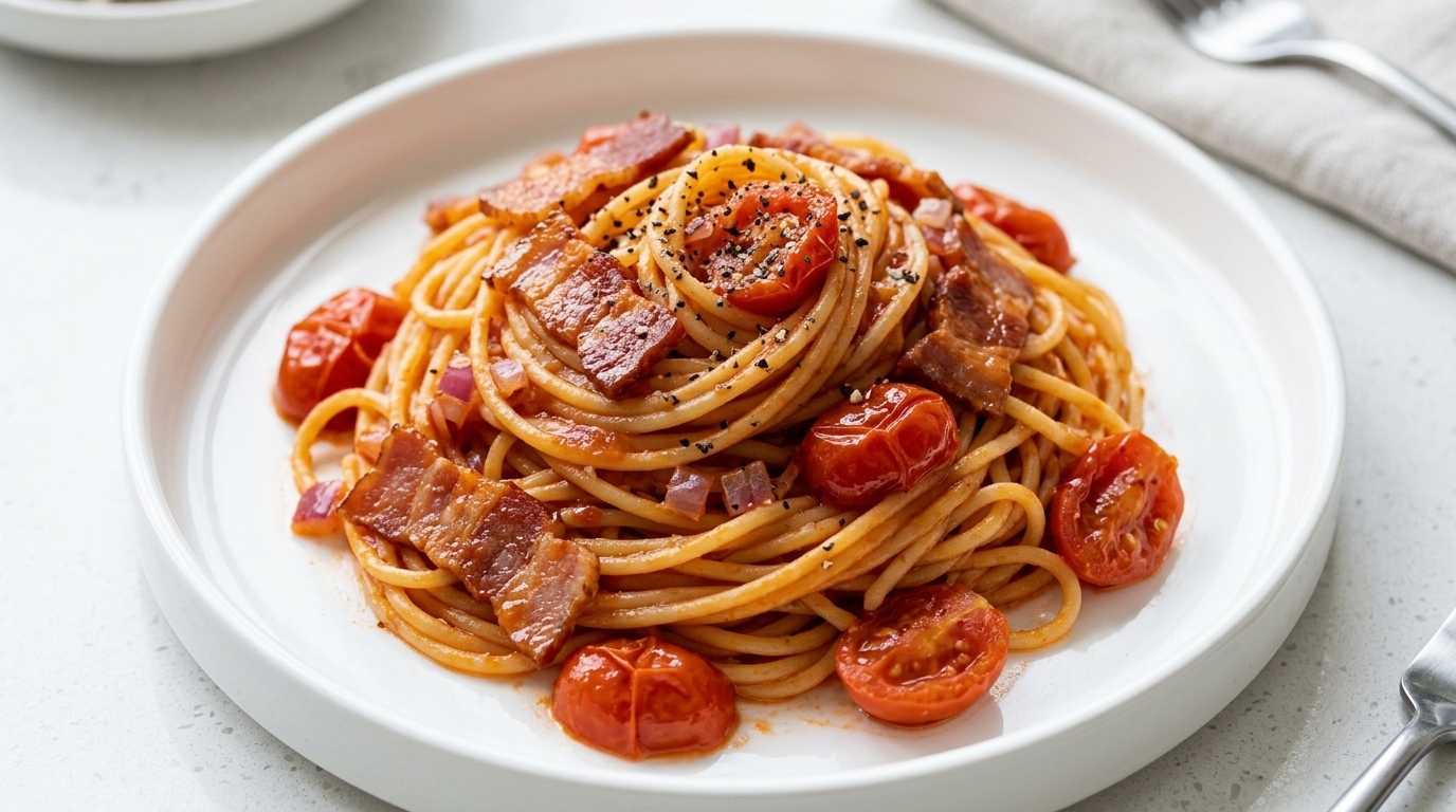 Un vibrante piatto di spaghetti pomodoro e pancetta, perfettamente mantecati in un sugo lucido e saporito.