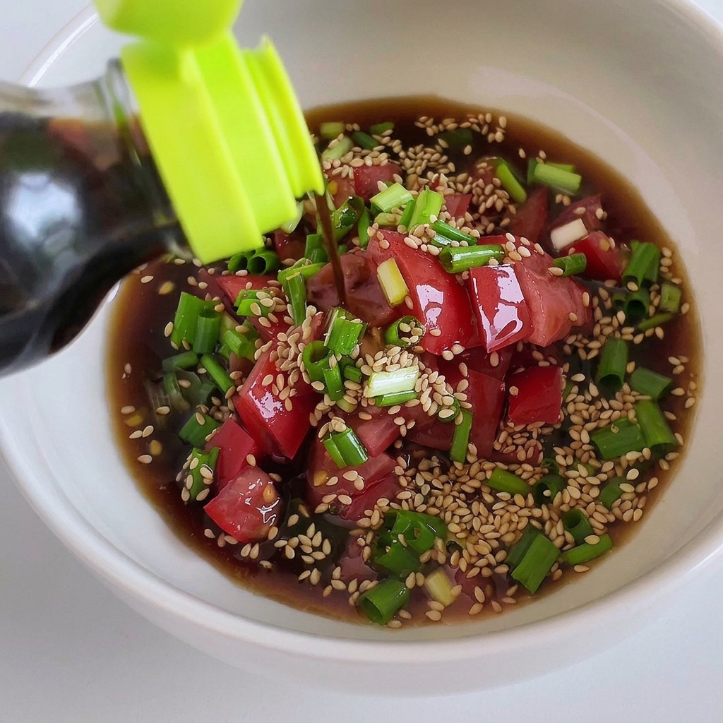 Salsa ponzu versata in una ciotola con pomodori, cipollotti e semi di sesamo.
