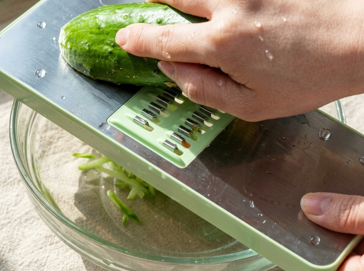 Una mano che utilizza una mandolina per grattugiare un cetriolo verde fresco in listarelle sottili.