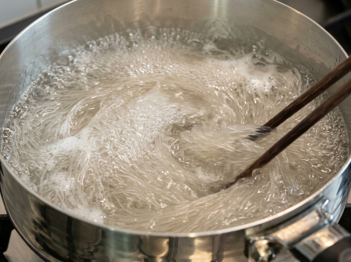 Bacchette che mescolano delicatamente noodles sottili in una pentola dacqua bollente.