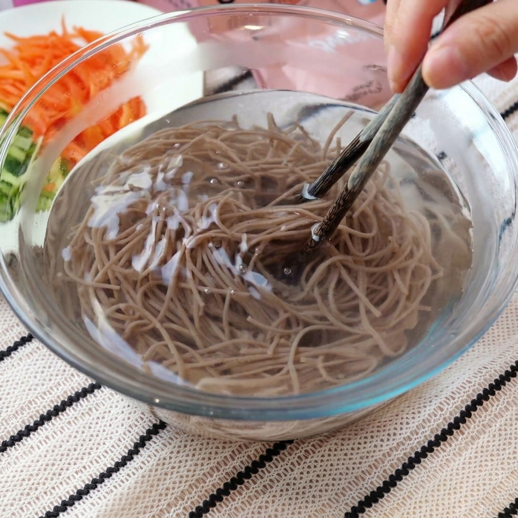 Noodles soba cotti immersi e mescolati con le bacchette in una ciotola dacqua fredda.