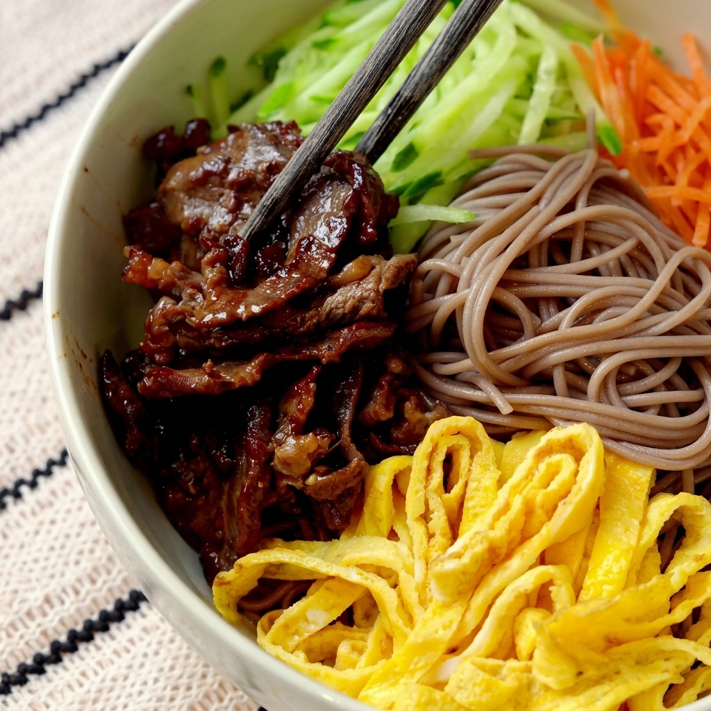 Una ciotola con noodles disposti ordinatamente con manzo, uova e verdure fresche.