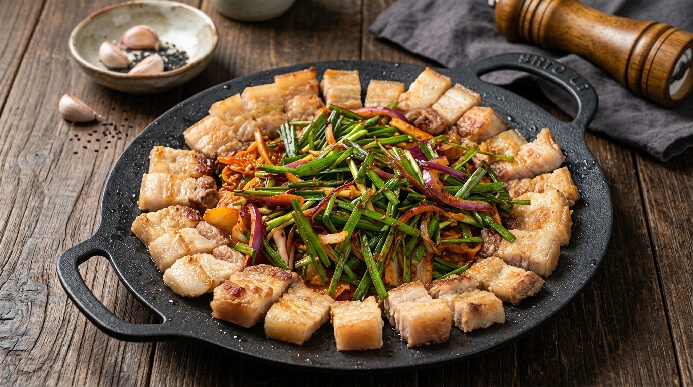 Strisce di pancetta dorate disposte a cerchio attorno a un cumulo centrale di kimchi piccante guarnito con porri e cipolle.