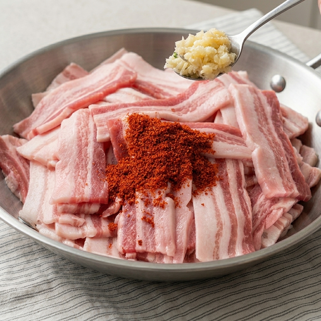 Fette di pancetta cruda ricoperte da una ricca marinata rossa piccante in una ciotola dacciaio.