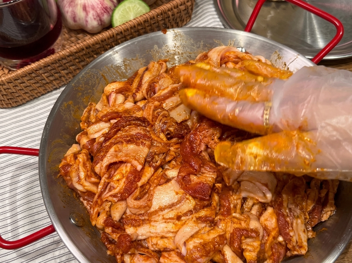 Fette di pancetta marinata disposte in una padella calda, che iniziano a sfrigolare.