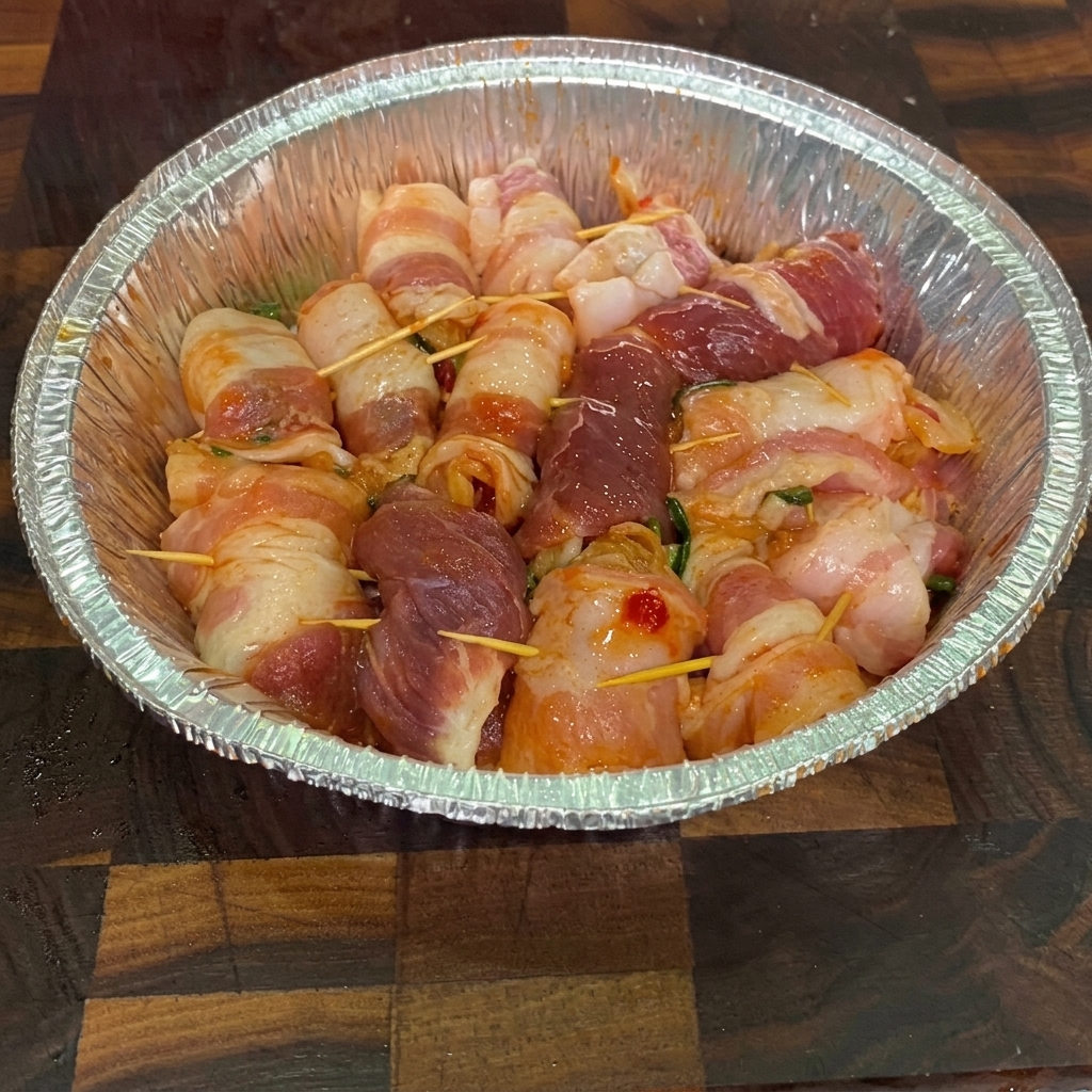 Primo piano di involtini crudi di pancetta e kimchi in una vaschetta di alluminio, mentre vengono spruzzati con olio di semi.