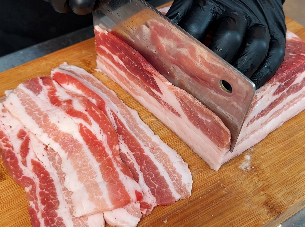 Fette sottili di pancetta cruda disposte ordinatamente su un tagliere di legno.