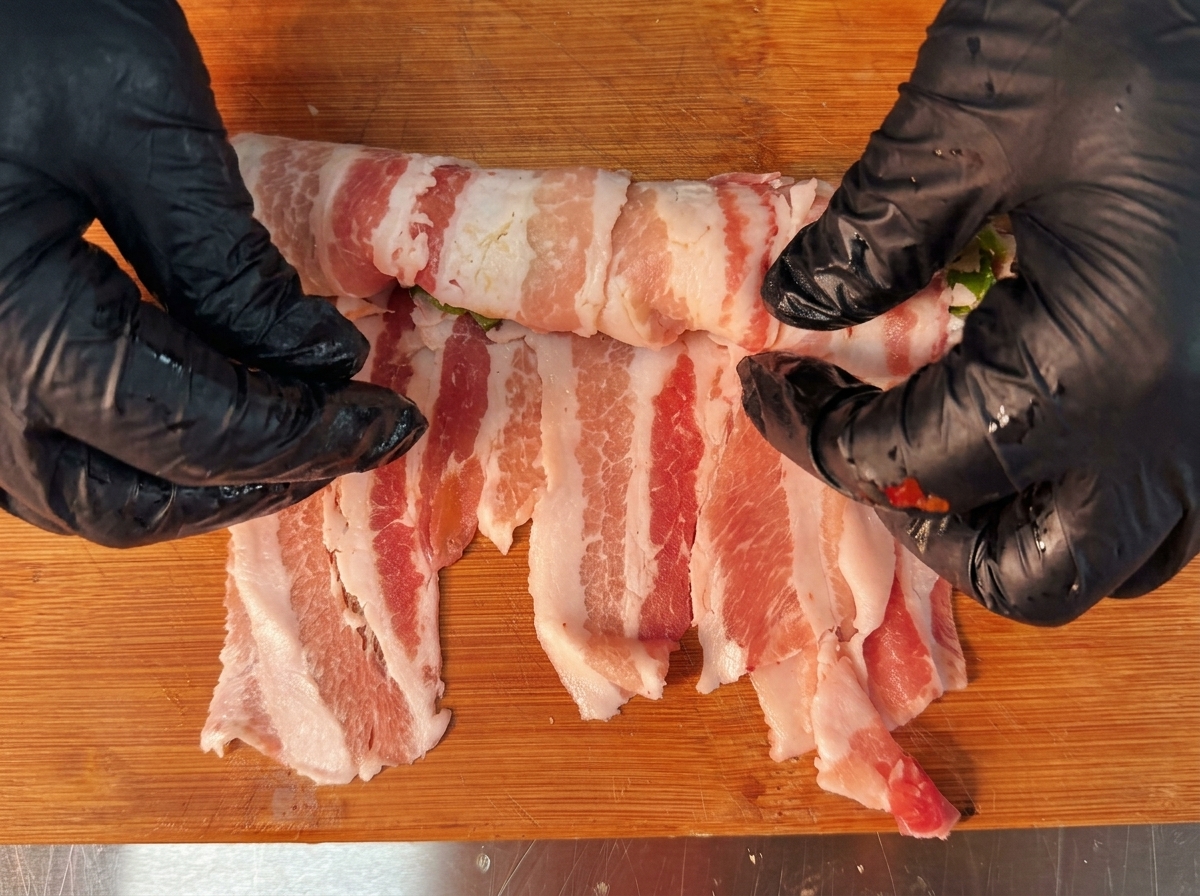 Primo piano di mani con guanti neri che arrotolano strettamente fette di pancetta attorno a un colorato ripieno.