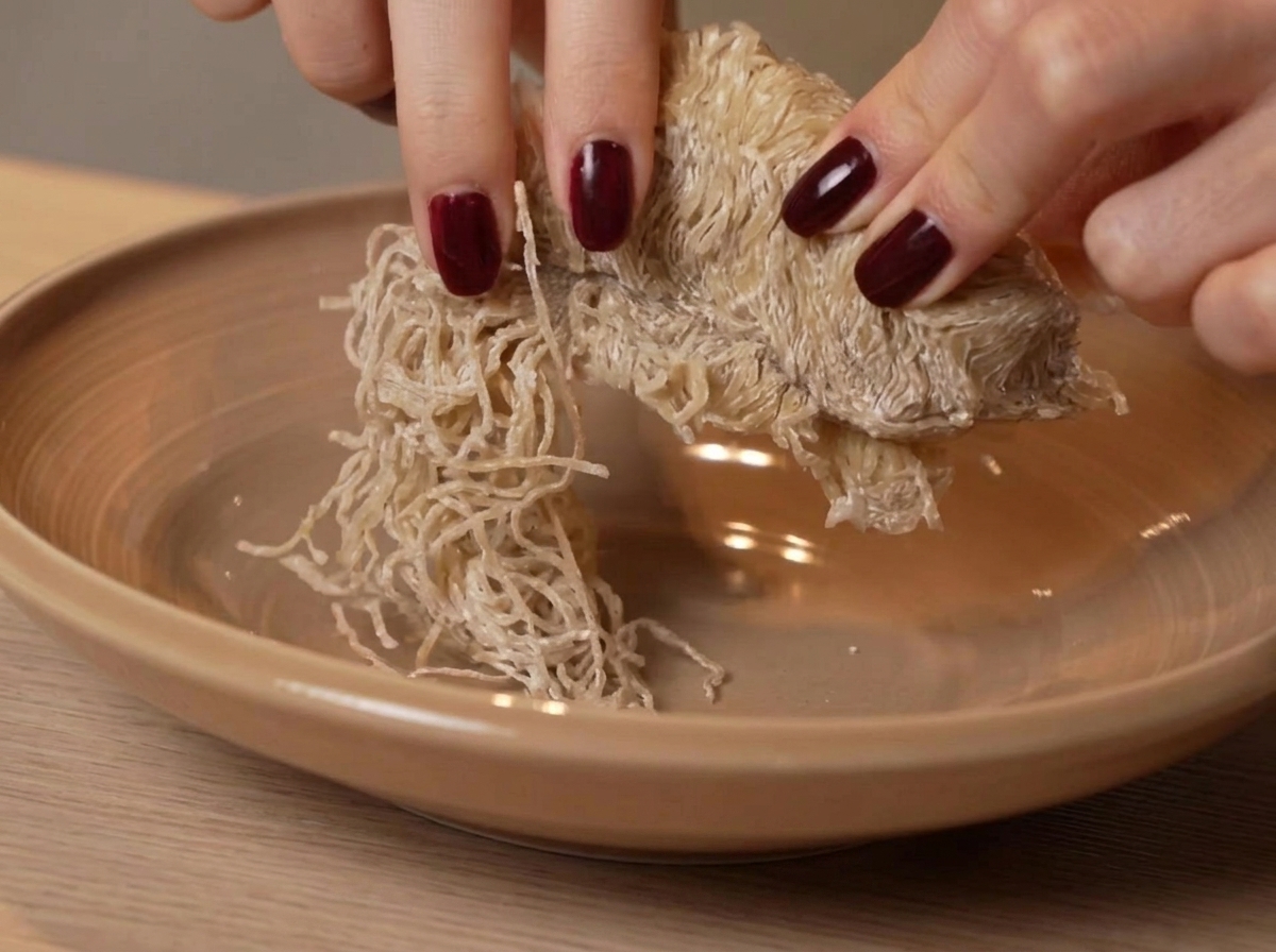 Primo piano di mani che separano noodles freschi pressati al bambù su un piatto.