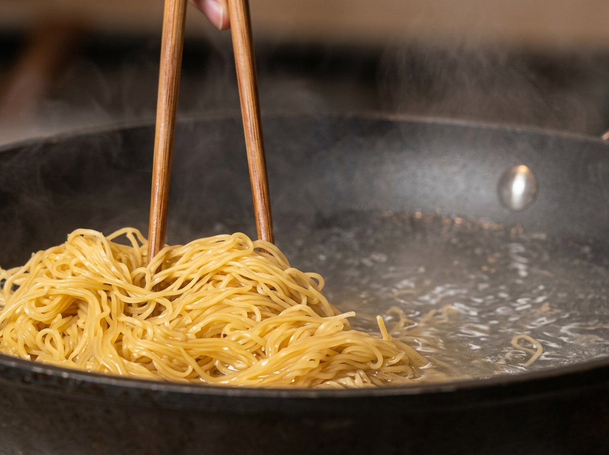 Bacchette che mescolano i noodles nellacqua bollente.
