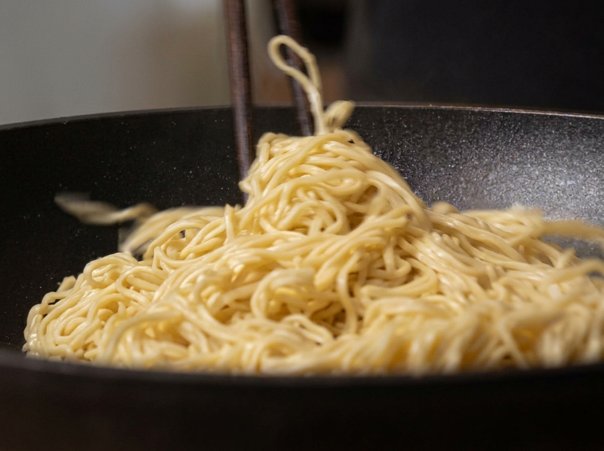 Noodles scolati saltati in padella con olio caldo.