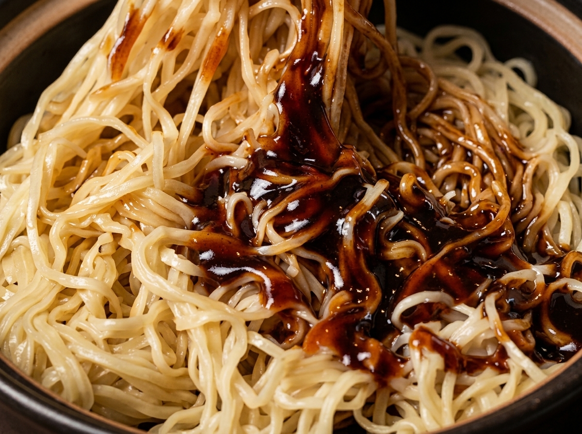 Noodles saltati con salsa scura in padella usando delle bacchette.