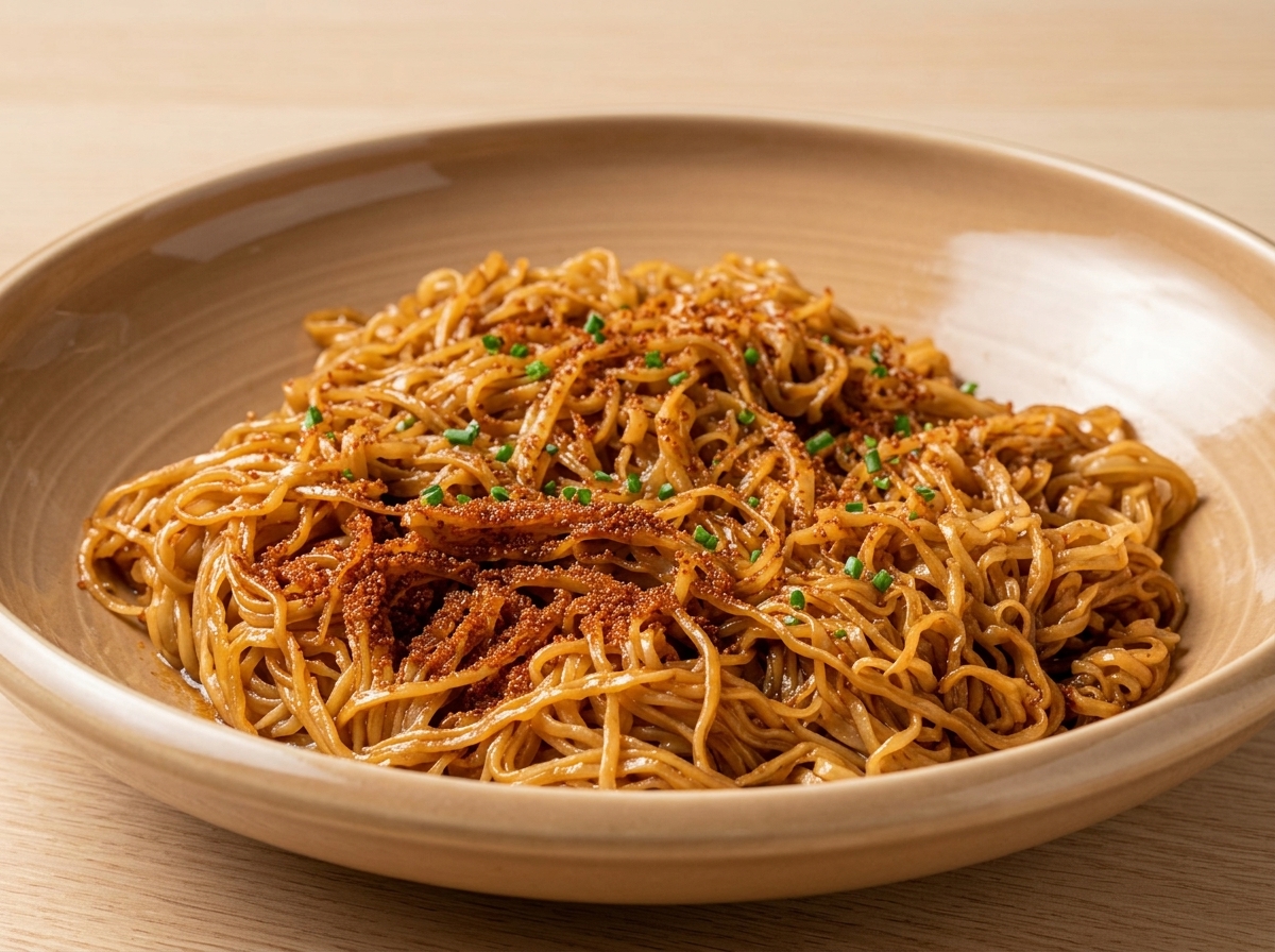 Uova di gambero spolverate sopra una ciotola di noodles conditi.
