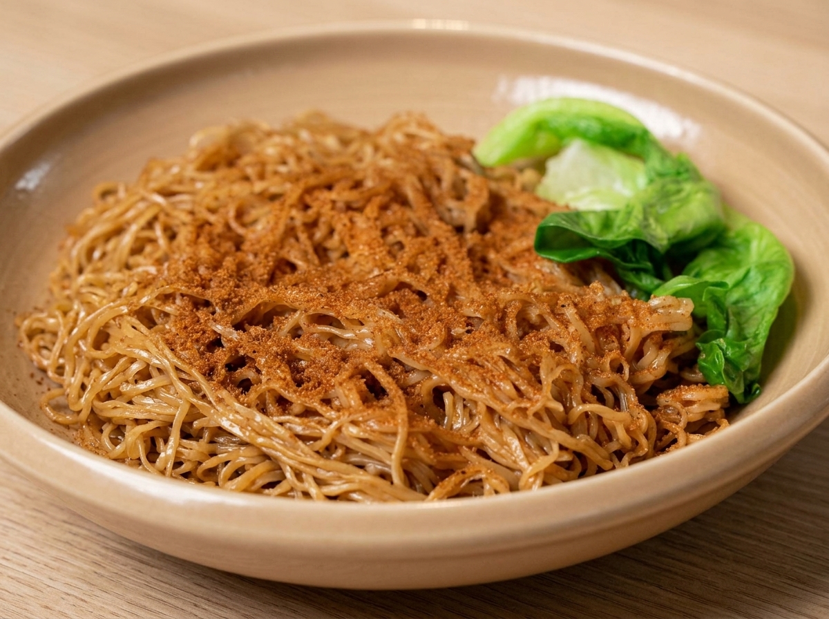 Una ciotola di noodles con uova di gambero guarnita con lattuga fresca sbollentata.