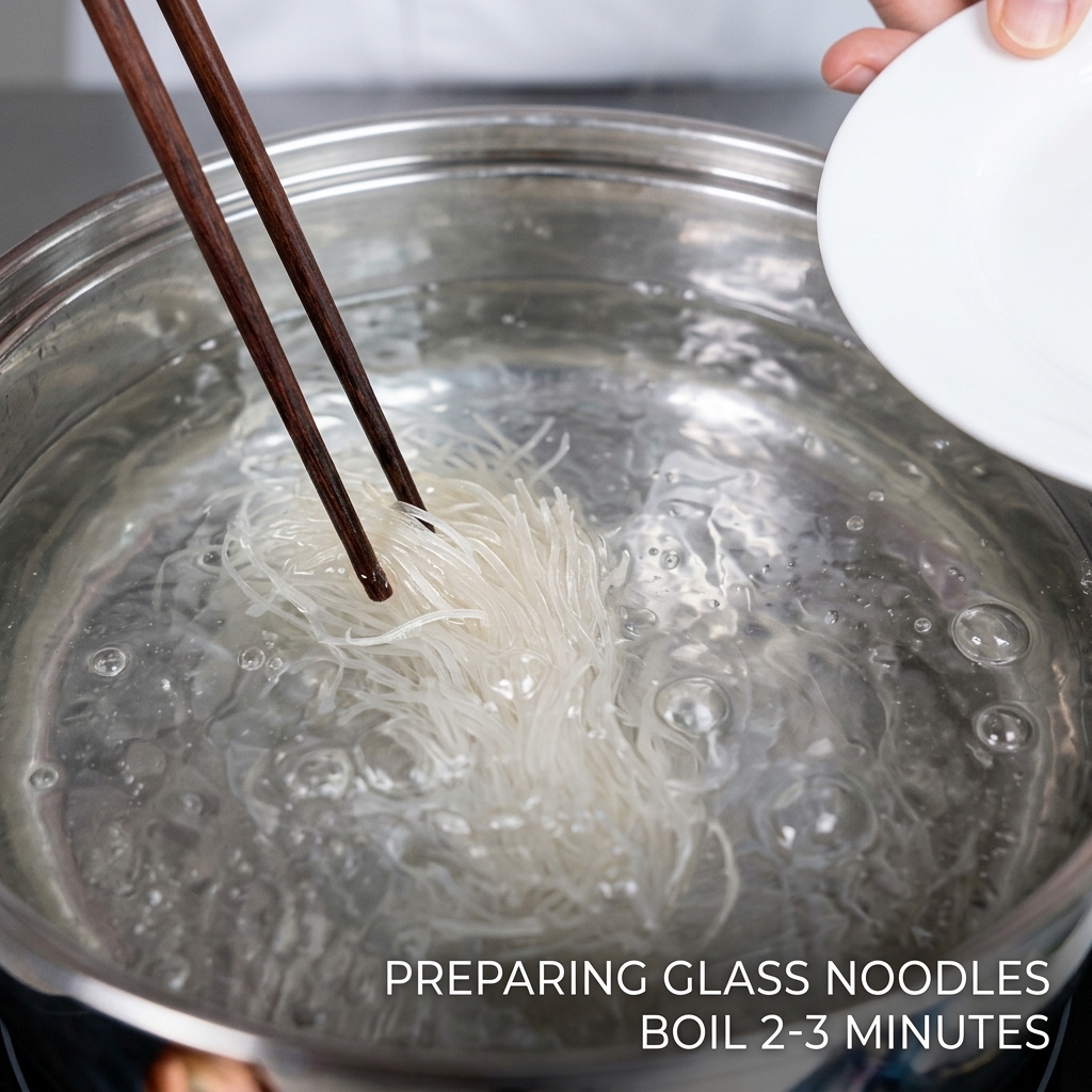 Noodles di grano crudi immersi con cura nellacqua bollente con delle bacchette di legno.