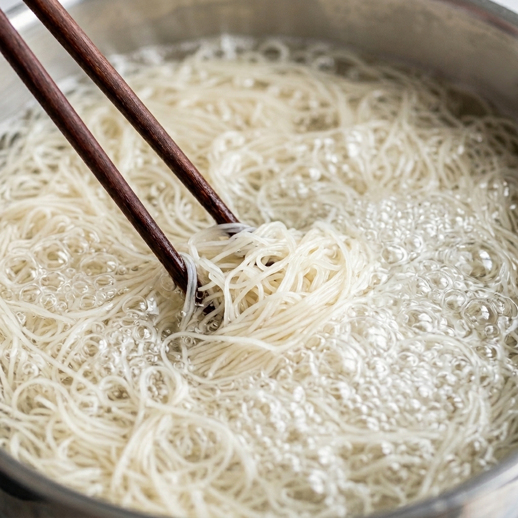Noodles di grano in ebollizione in una pentola, mentre diventano morbidi e si cuociono.
