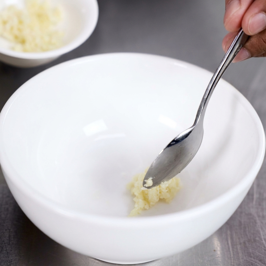 Salsa di soia scura versata con un cucchiaio in una ciotola bianca che contiene già aglio appena tritato.