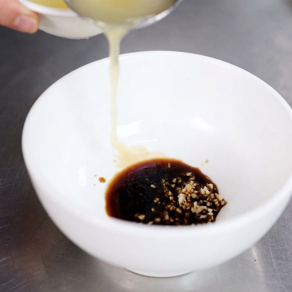 Strutto fuso versato da un mestolo in una ciotola con salsa di soia, cipollotti e aglio.