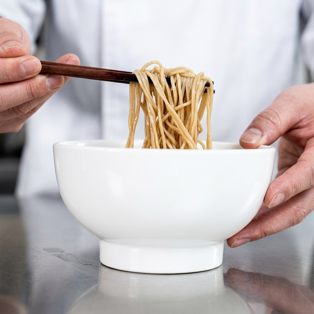 Una ciotola di noodles mescolati accuratamente con le bacchette fino a ricoprirsi di salsa scura.