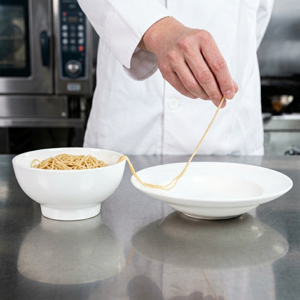 Primo piano dei noodles posizionati e modellati con cura a formare un nido al centro di un piatto bianco.