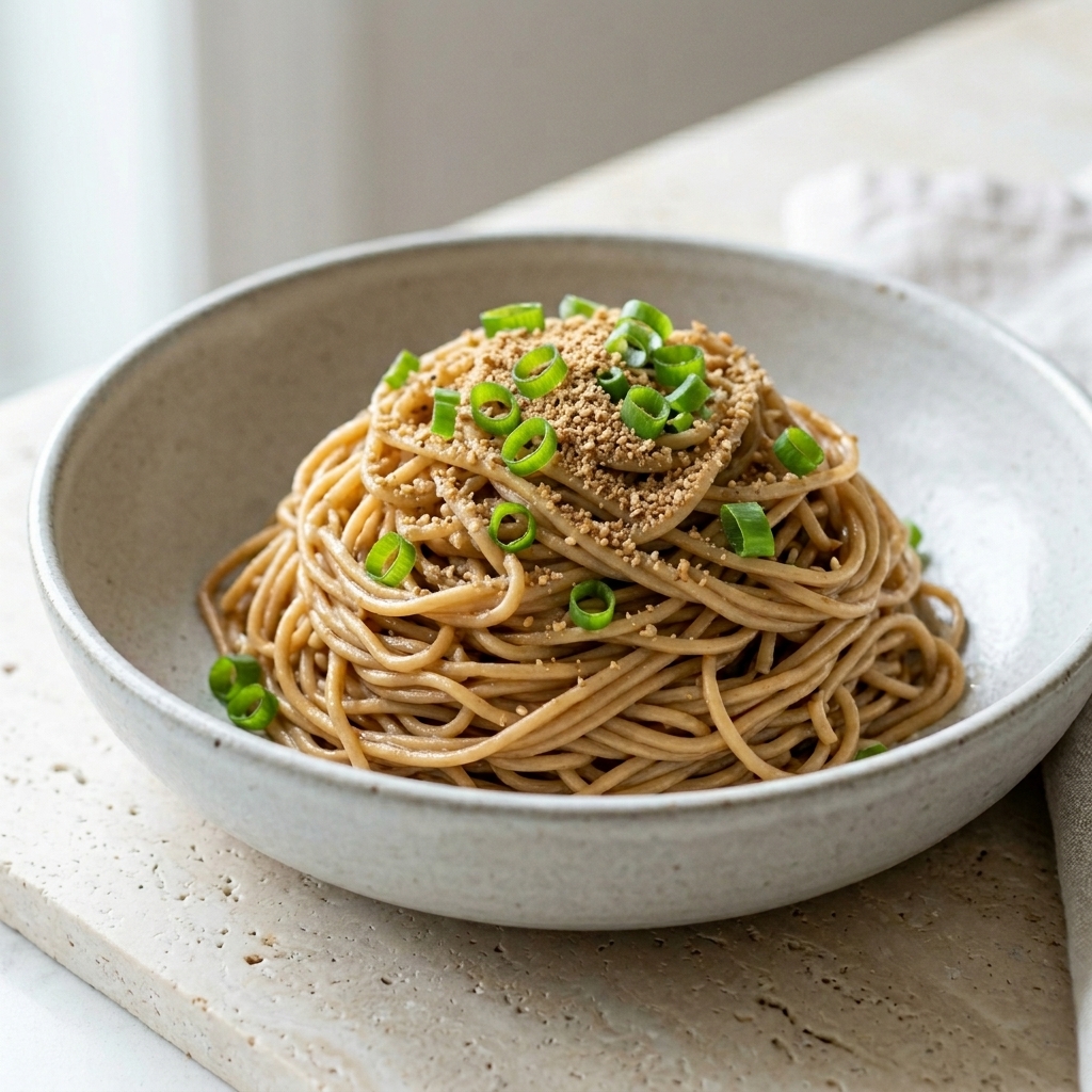 Cipollotti freschi tritati cosparsi sulla sommità del nido di noodles impiattato.