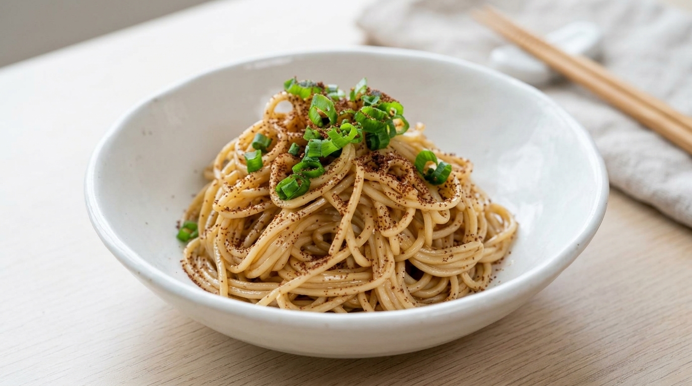 Un invitante nido di sottili noodles di grano conditi con salsa di soia saporita, guarniti con cipollotto fresco e uova di gambero ricche di umami.