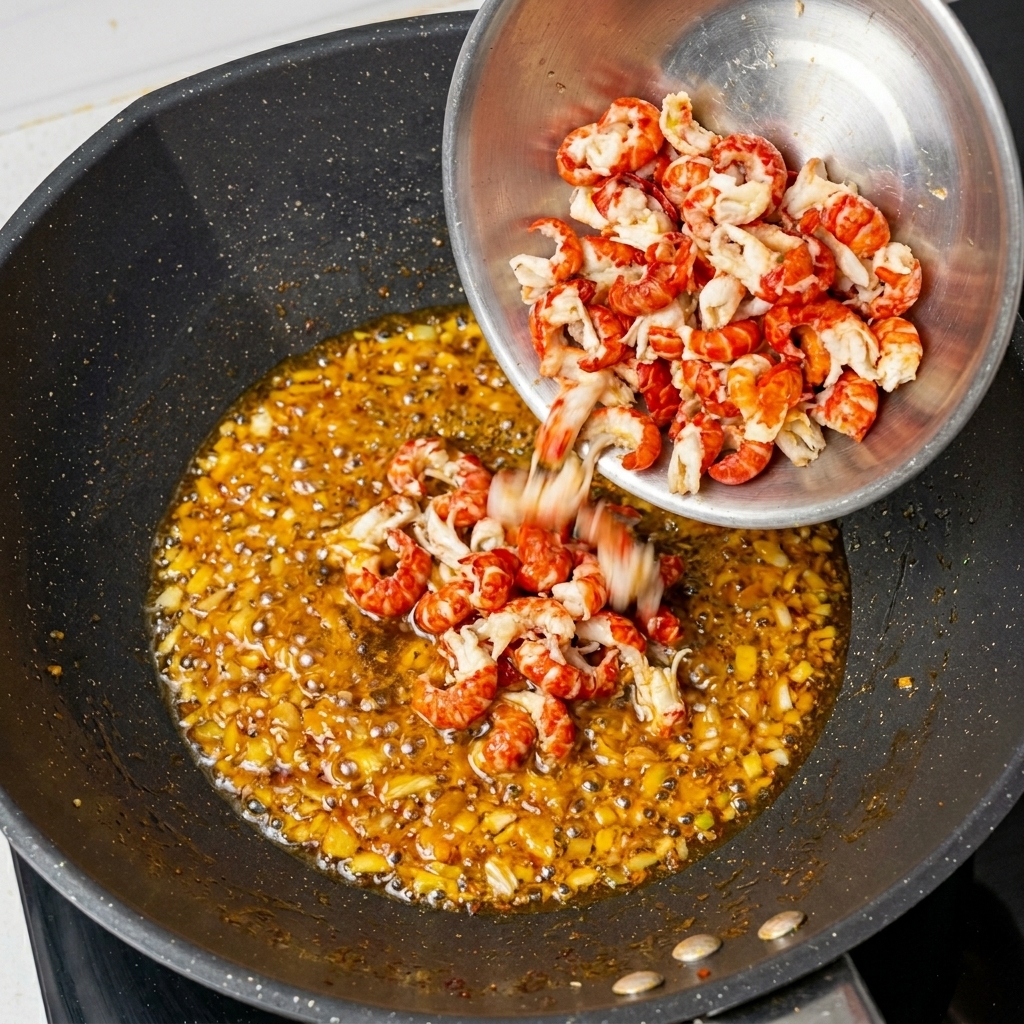 Le code di gamberi saltate nel wok con la base piccante.